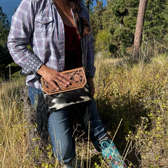 Myra Bag Handbags - New Style🤩Myra Bag Hand-Tooled leather cowhide fringe handbag purse brown